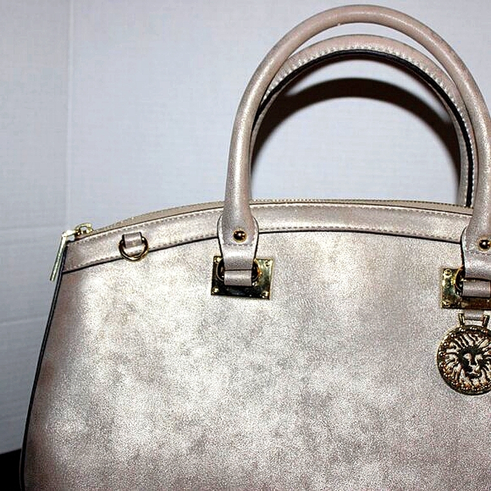 Anne Klein Metallic Satchel Handbag - Silver/Gray - Polka Dot Lining - Lion Logo - Picture 5 of 12